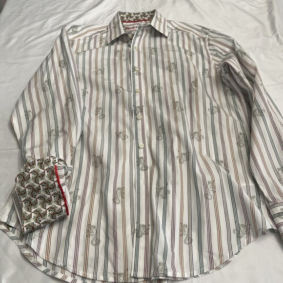 ROBERT GRAHAM MONKEY SEE Sz Med White Blue Yellow Pink Green Striped Men's Shirt - Picture 1 of 5